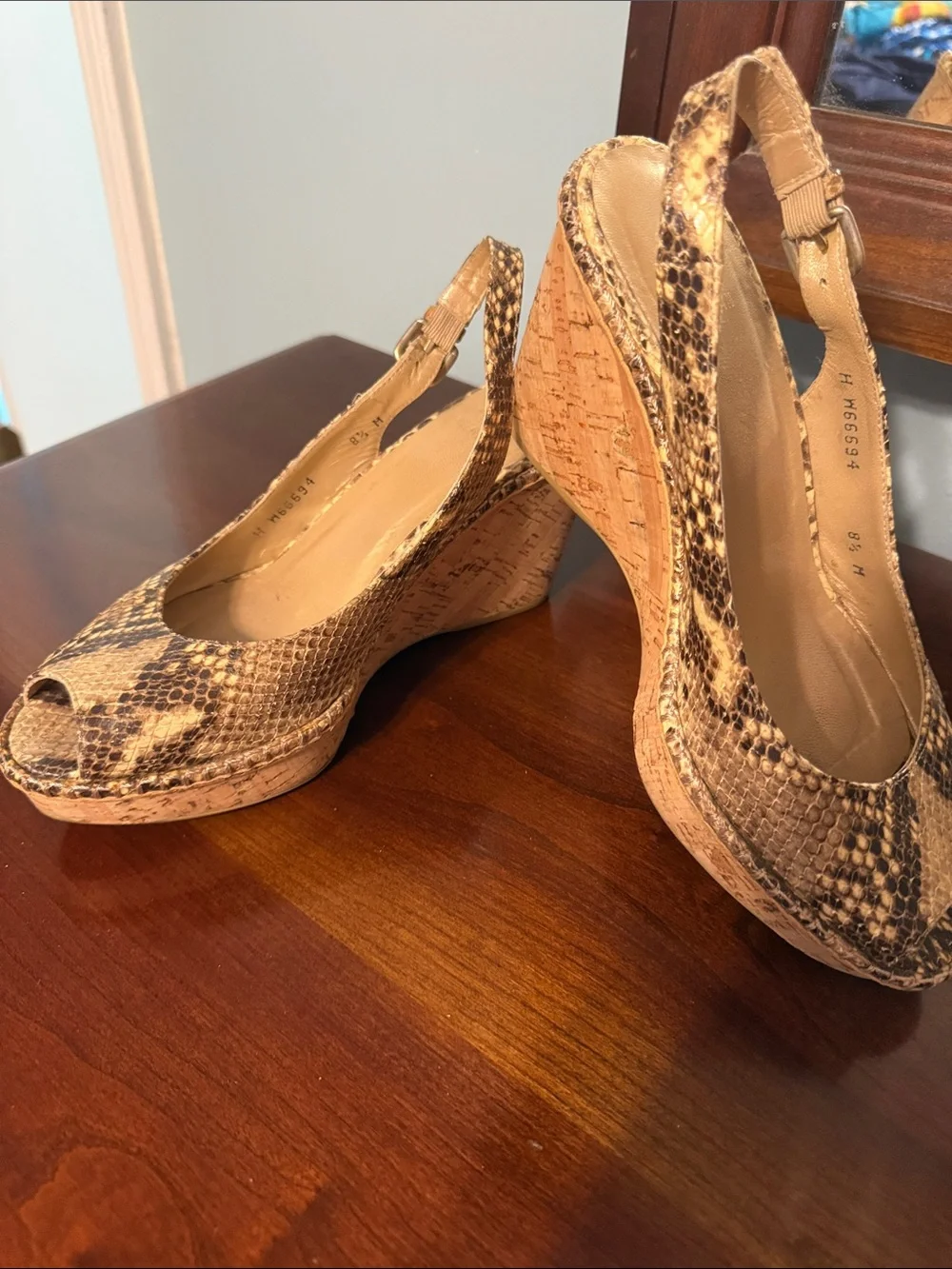 Stuart Weitzman Snake-Print Cork Wedge Slingbacks in Brown/Tan